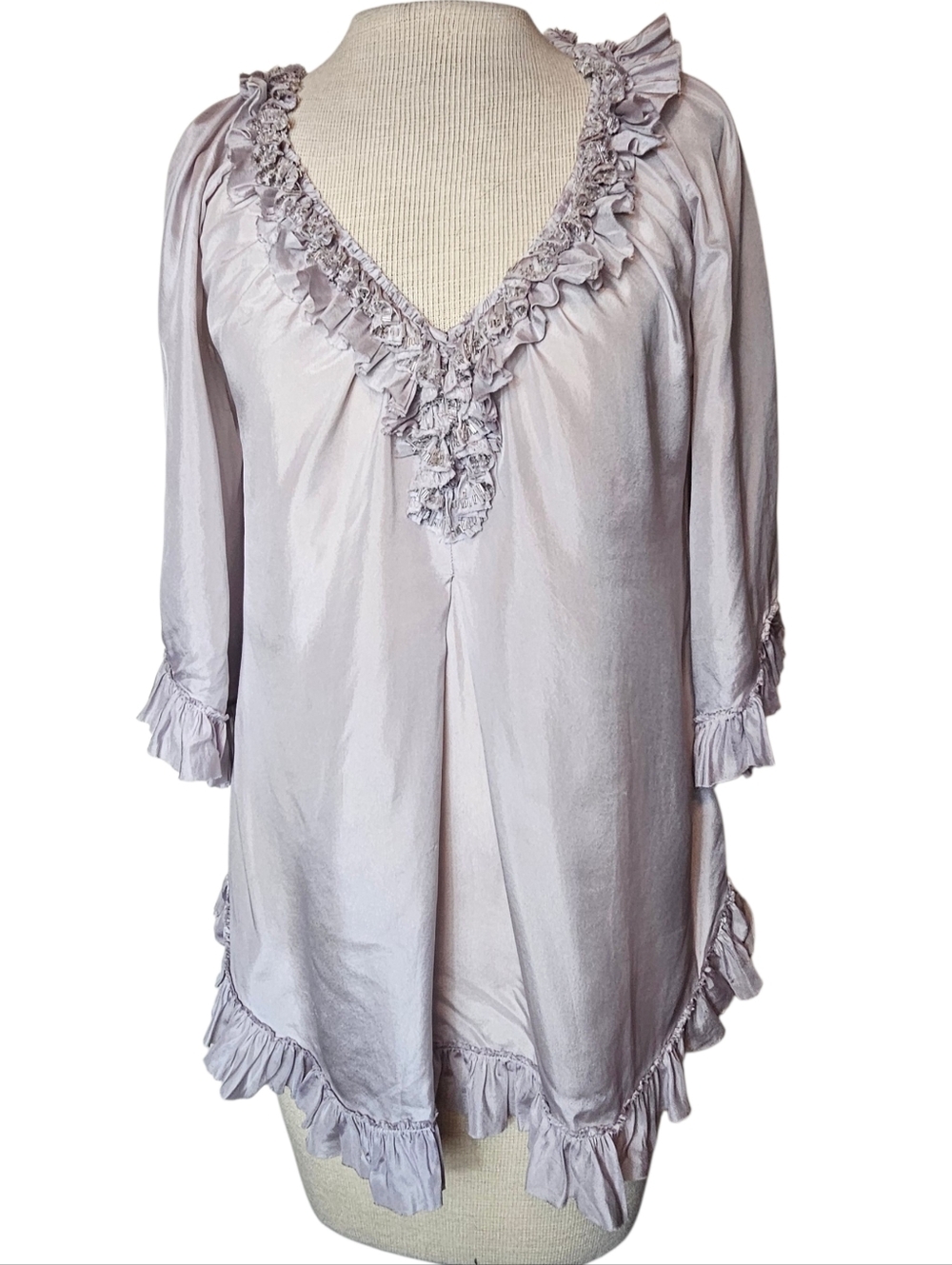 Rebecca Taylor Ethereal Fairy Top Size 2 Ruffle V-Neck Tunic 100% Silk Cottage